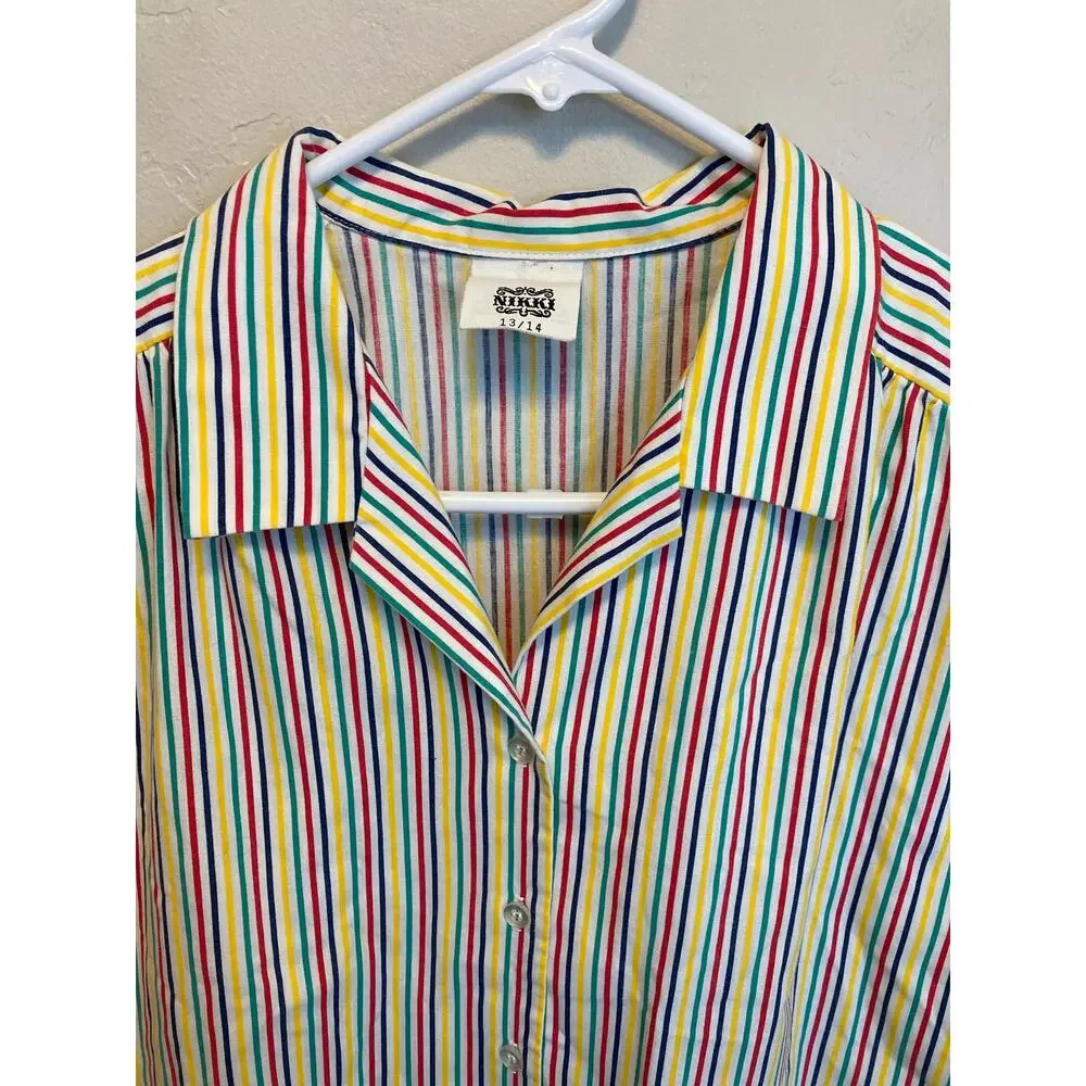 70's Vintage Nikki Rainbow Striped Short Sleeve Button Up Blouse Size 13/14 - Picture 4 of 12